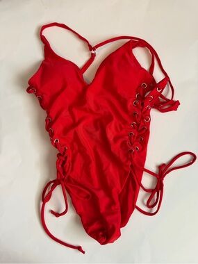Revamped by Sirens Red Lace-Up One-Piece Swimsuit